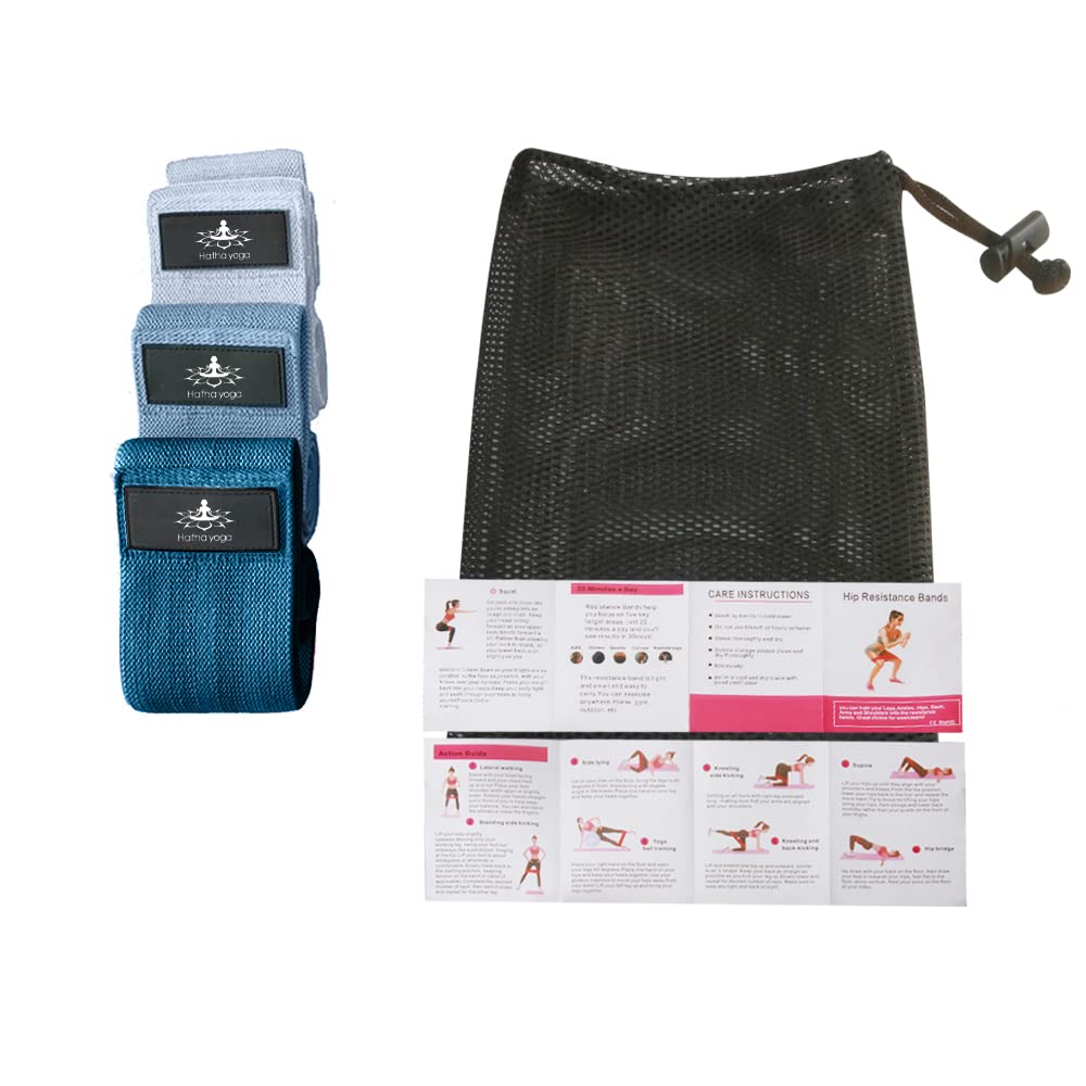 Hatha Yoga Large Resistance Band,14.5" x3.15",Fabric Exercise Loop Bands with Instruction Guide and Carry Bag, Set of 3.