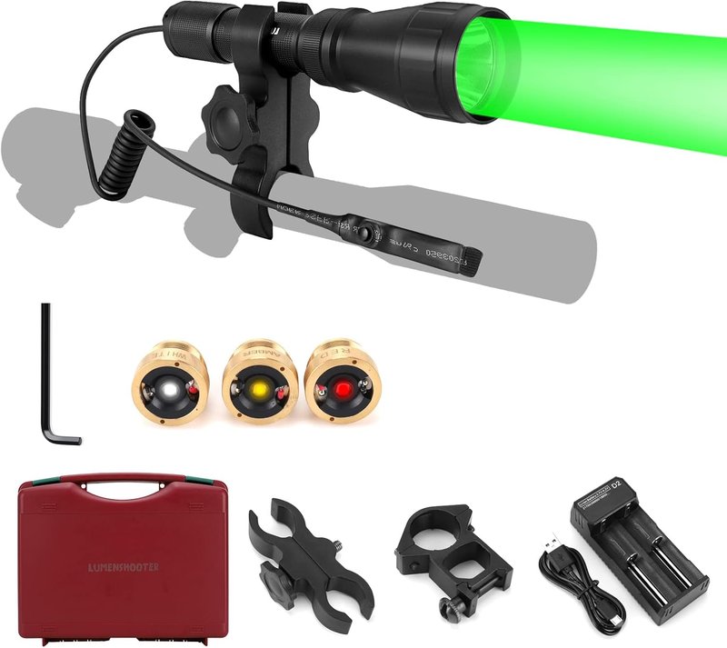 Predator Hunting Flashlight Kit - Rechargeable Red, Green, White & Amber Light | Scope Rail Mount & 10-Hour Battery Life