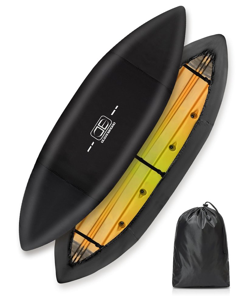 OCEANBROAD Kayak Cover Extra Wide, Water-Resistant UV-Resistant Kayak Canoe Fishing Boat Dust Covers for Outdoor Storage, Suitable for 9.3-10.5ft Length, Up to 44in Width, 420D Black