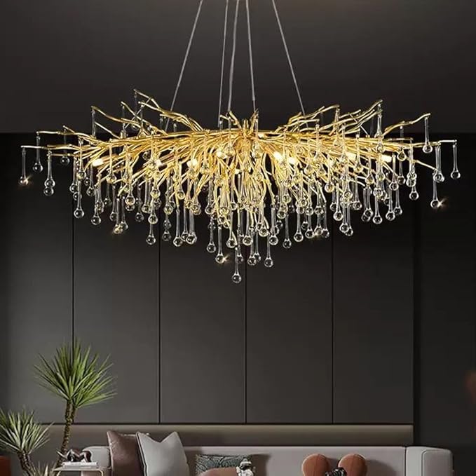 Modern Crystal Rectangular Chandelier for Dining Room, 47.24inch Gold Branch Lighting Raindrop Large Kitchen Island Hanging Light Fixture for High Ceiling Living Room Bedroom Foyer
