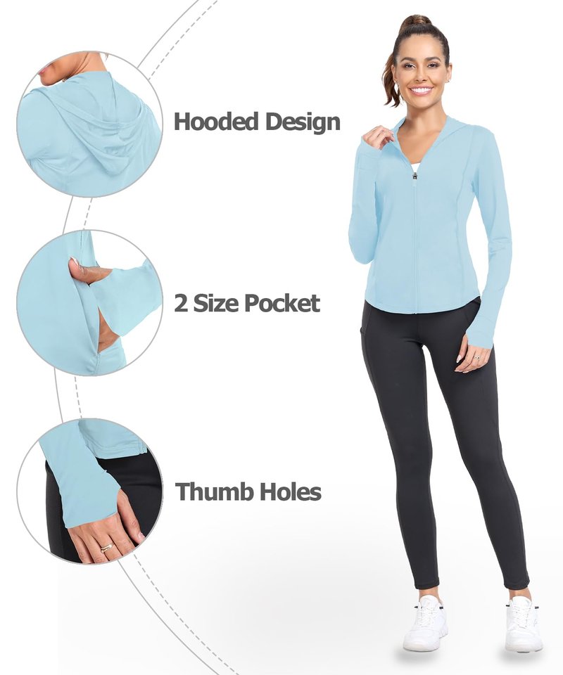 Women's UPF 50+ Zip Up Hoodie Light Weight UV Jacket Sun Protection Workout Long Sleeve Athletic Jackets HH2302 Blue M