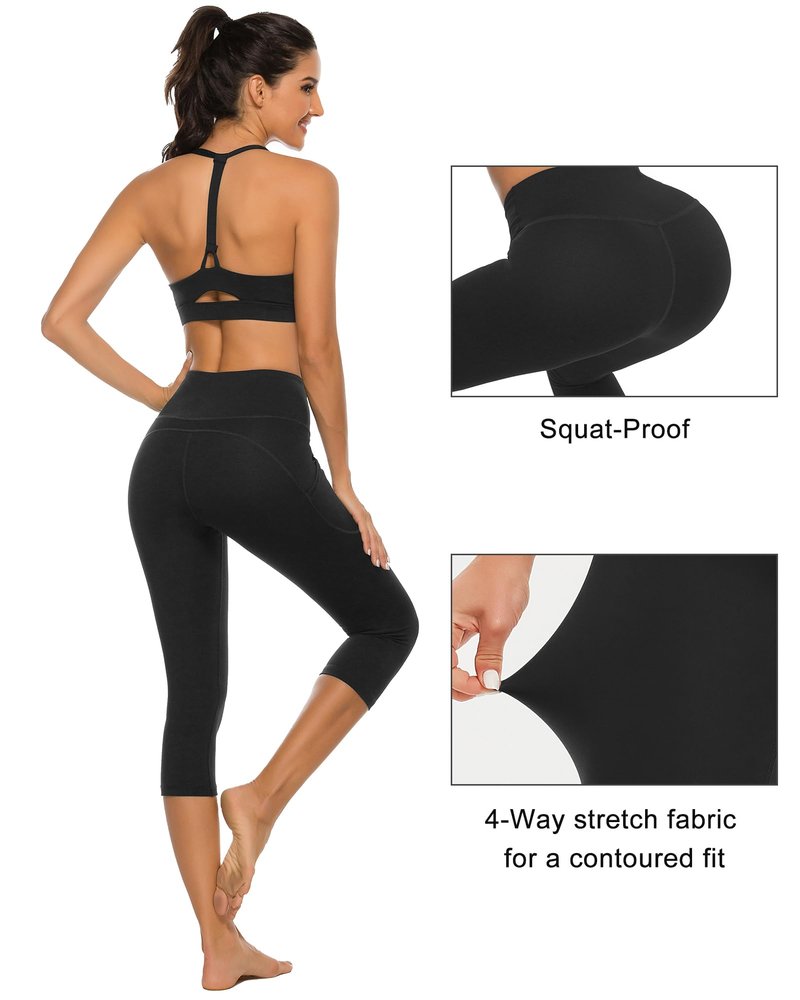 Stelle Womens High Waisted Legging Yoga Pants with Pockets for Workout(Black,L)