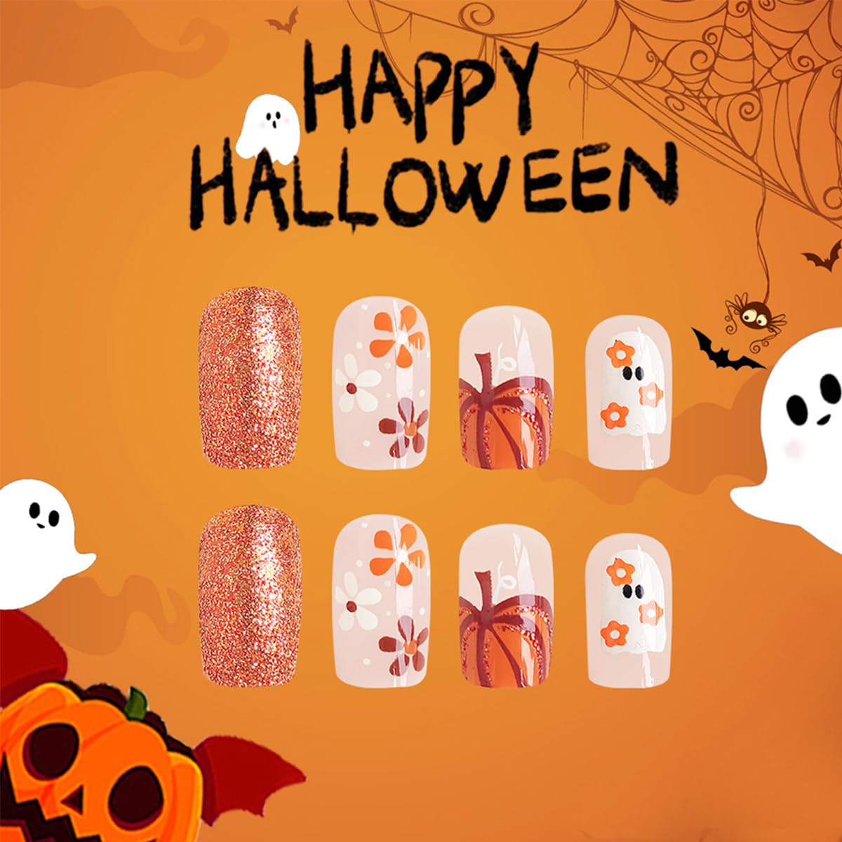 24Pcs Halloween Press on Nails Medium Square Cute Ghost Fake Nails with Flower Pumpkin Designs Glue on Nails Fall Glitter Halloween Nails Full Cover Artificial False Nails for Women Decoration 24Pcs