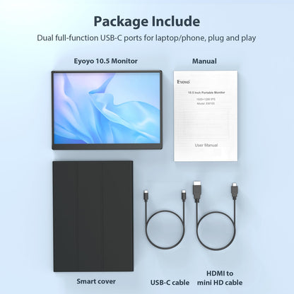 Eyoyo Portable Monitor, 10.5” FHD 1920x1280 Small Travel Monitor with Mini HDMI USB C Input External Second Screen for Laptop 100% SRGB Tiny IPS Display