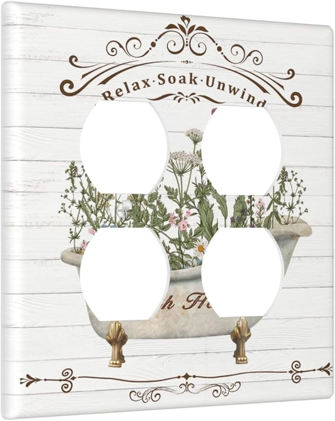 Decorative Light Switch Cover Plate Rustic Farmhouse Wooden Board Botanical Flower 2 Gang Socket Covers Double Duplex Wallplates Switch Plates and Outlet Covers for Bathroom Home Decor