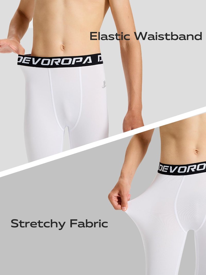 DEVOROPA Boys Leggings Quick Dry Youth Compression Pants Sports Tights Basketball Base Layer White XS