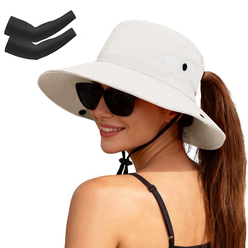 ZOORON Women's Ponytail Safari Sun Hat,Wide Brim UV Protection Outdoor Bucket Hat,Foldable Beach Summer Fishing Hat