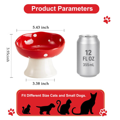 Ceramic Elevated Mushroom Cat Bowls, Tilted Raised Pet Dish Anti Vomit Kitten Bowl for Indoor Cats, Whisker Friendly Pet Food and Water Bowl for Kitten, Cat, Puppies, Dishwasher Safe (Red)