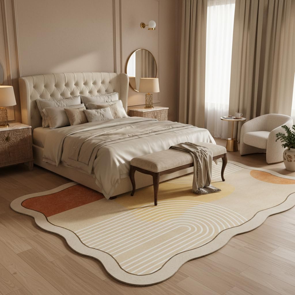 Unique Minimalist Geometric Cream Style Beige Orange Yellow Irregular Shaped Rug for Living Room Bedroom Diningroom Soft Wool Foldable Quick Dry Carpet Under Table Office Aesthetic Floor Rug 5x7