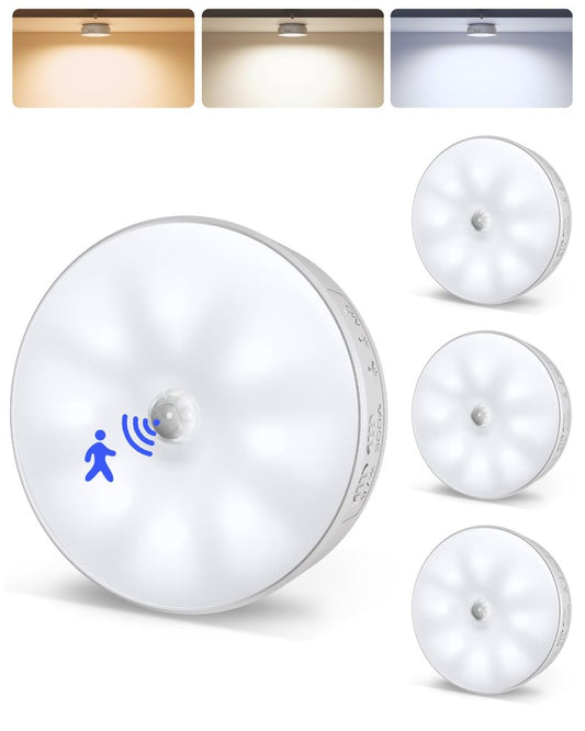 EZVALO 4 Pack Motion Sensor Closet Lights, 1200mAh USB-C Rechargeable LED Puck Lights, Motion Sensor Light Indoor, Under Cabinet Lights, Dimmable, 3 Color Temps, Magnetic, Stick-On for Closet, Pantry