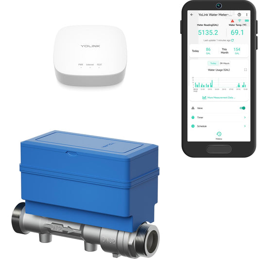 NSF Certified YoLink FlowSmart All-in-One Smart Water Meter & Auto Shutoff for 1.25" Pipes, LoRa Long-Range, Real-Time Leak Detection, 10-Year Battery, 80+ Device Ecosystem, Hub Included – YS5018