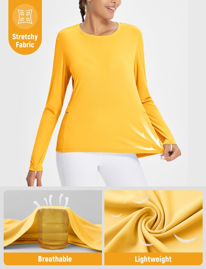 baleaf Rash Guard for Women Hiking Shirts Sun Shirt SPF UPF 50+ Quick Dry Long Sleeve Workout Tops Running Top Yellow M