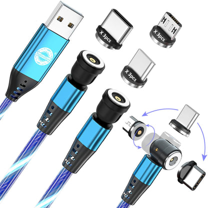 EndlesShine Magnetic Charging Cable (3Pack 3 3/6 6/6 6FT) 180° & 360° Rotation Removable 3 in 1 1PINCharge Cable Micro USB iProduct Device LED Light Magnet Android Charger Type C Cable (Blue)