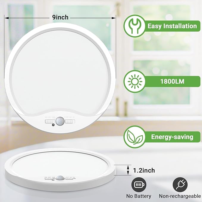 zemty 9inch 18W Motion Sensor Ceiling Light Wired, 3 Sensing Modes Motion Activated Closet Lights White, 3000K/4000K/6500K Waterproof LED Ceiling Lamp for Pantry Closet Shower Hallway-4Pack