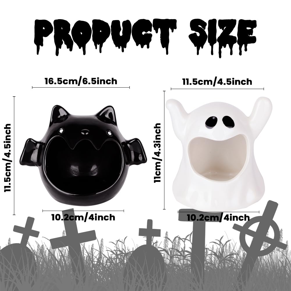 DIYDEC 2pcs Halloween Candy Bowls, Halloween Candy Dish Candle Holder Bat Ghost Ceramic Dish for Tiered Tray Ornament Tableware Party Decor