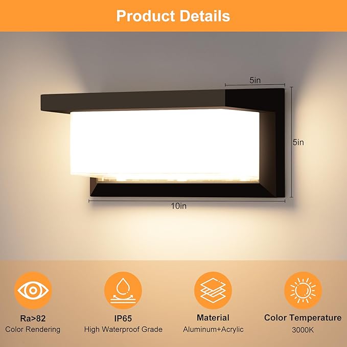 LED Porch Light 18W 3000K Warm White Halloween/Christmas Modern Wall Lighting Outdoor 1800LM Anti-Rust Exterior Light Fixtures Wall Mount IP65 Waterproof for Garage Hallway Backyard 2 Pack