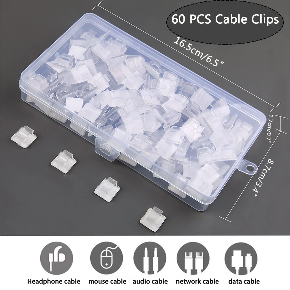 60PCS Cable Clips, KGROTE Outdoor Wire Clips Adhesive Cable Hooks Cord Organizer Holder Christmas Light Clips for Desk, Wall Cable Management, String Lights, Fairy Lights, Decorations Hanging - Clear