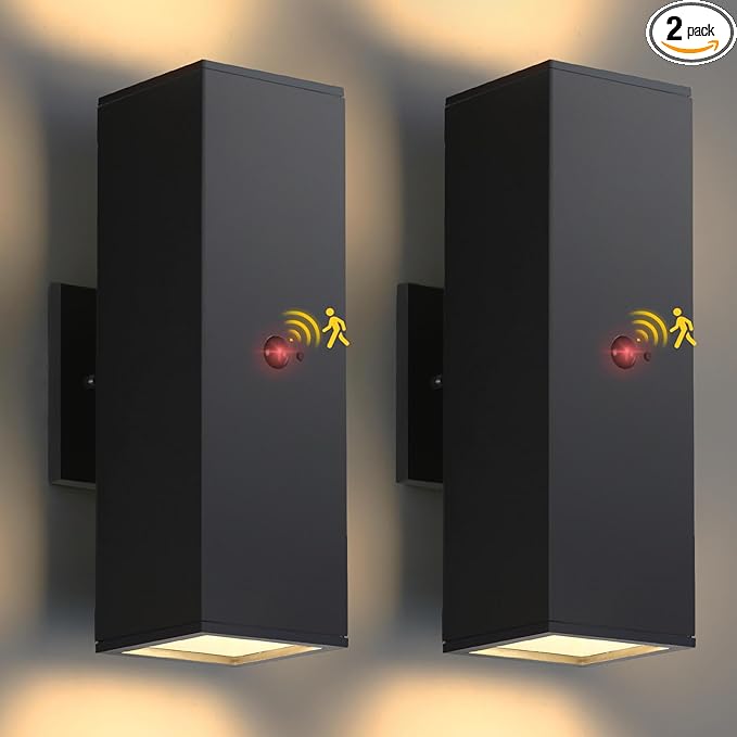 Motion Sensor Outdoor Lights 2 Pack, Modern Outdoor Wall Lights Black Porch Light with E26 Base, Square Motion Detector Lights for Outside, Waterproof Sconce for House Doorway, Bulbs Included