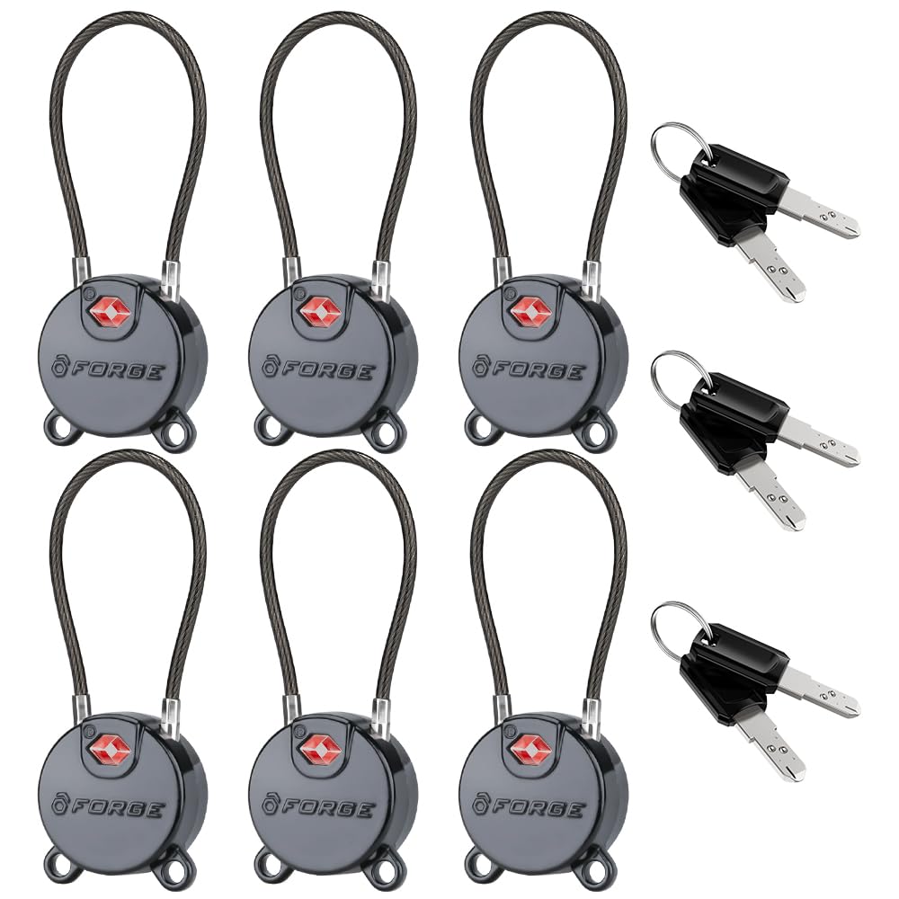 Forge TSA Approved Luggage Locks Ultra-Secure Dimple Key Cable Locks for Travel with Zinc Alloy Body- 6 Black Locks
