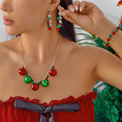 NewZenro Silver Red Green Christmas Jingle Bell Cute Ornament Long Chain Dangle Earrings Bracelets Necklaces for Women Hook Stocking Stuffers Hypoallergenic Party Jewelry Gifts for Daughter BFF Set