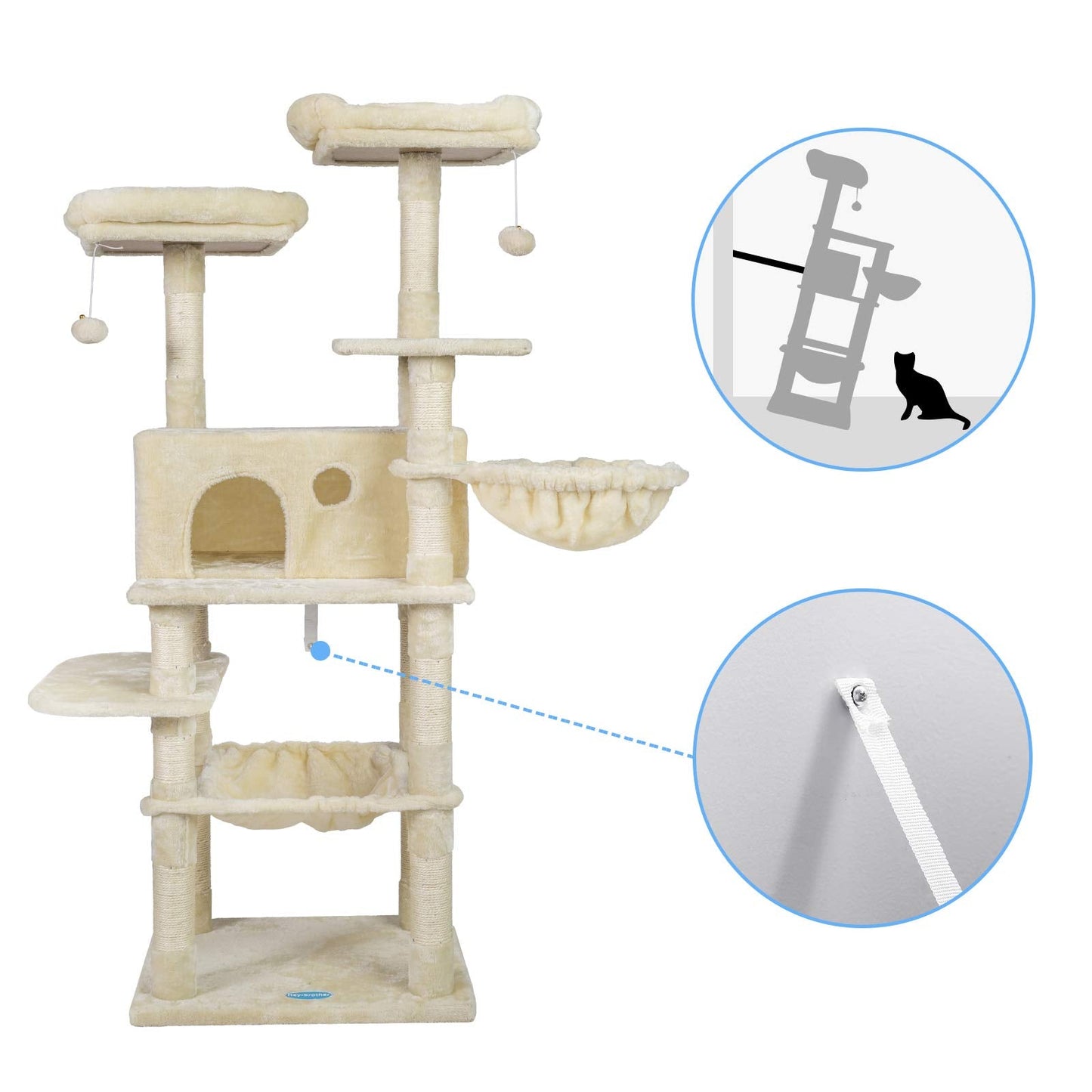 Hey-brother Cat Tree for Large Cats, Cat Tower with Scratching Posts, 2 Padded Plush Perches, Big Condo and Cozy Basket, Beige MPJ025M