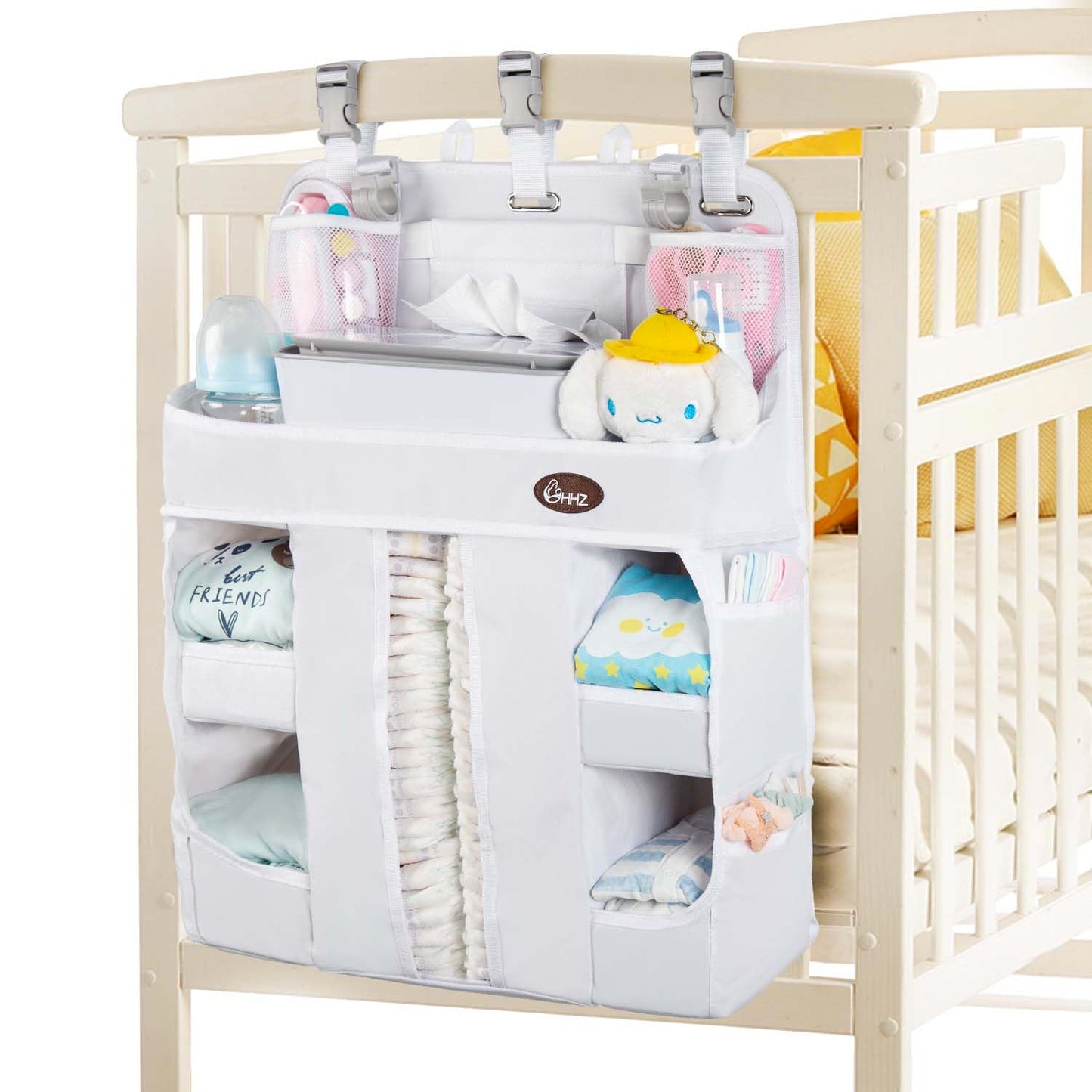 HHZ XL Hanging Diaper Caddy Organizer –Sturdy and Durable Baby Organizer – Diaper Stacker for Changing Table, Crib, Playard or Wall & Nursery Organization （White）