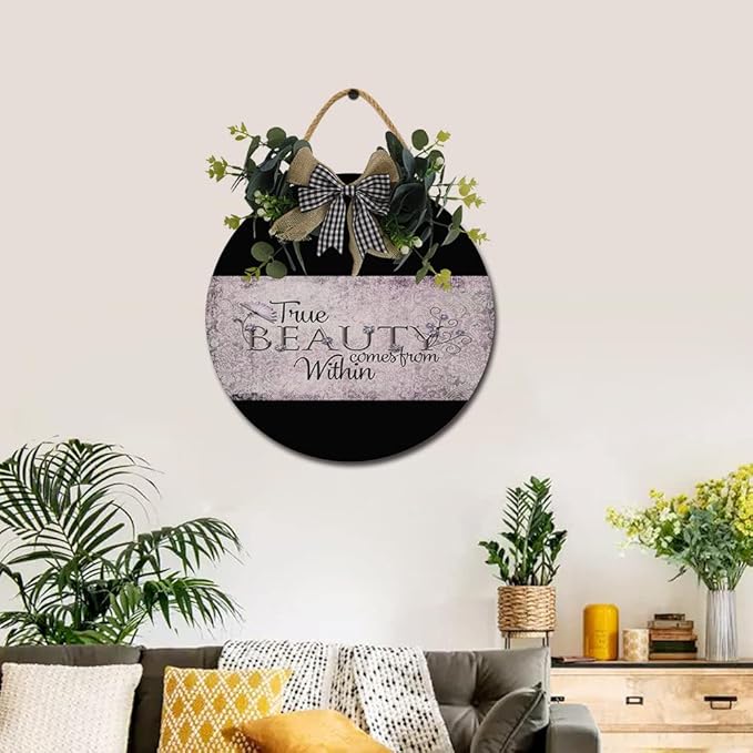True Beauty Front Door Sign Funny Wreaths Hanging Wooden Plaque Decoration Round Rustic Wood Farmhouse Porch Decor for Home Front Door Decor, 11 x 11 Inch