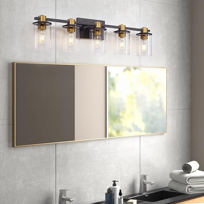 5 Light Bathroom Vanity Light, Black and Gold Bathroom Light Fixtures, Sconces Wall Lighting with Clear Glass Shade, Modern Brushed Gold Vanity Lighting fixtures for Bathroom, Bedroom, Hallway