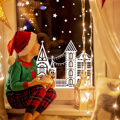 Vellibring 72" Christmas Window Clings,Winter House Window Decals White Simple Style Reusable Non Adhesive Street Scene Border Stickers for Home Cafe Shopping Mall Glass Door Christmas Decor