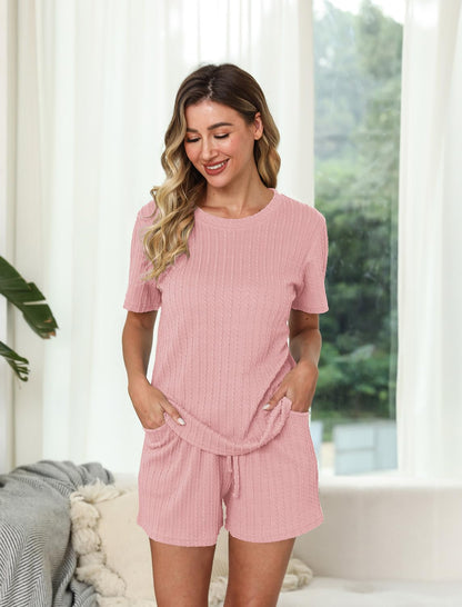 EISHOPEER Knit Matching Pajamas Sets Couple Drawstring Nightwear Short Sleeve Sleepwear 2 Pieces Loungewear with Shorts Pink Large