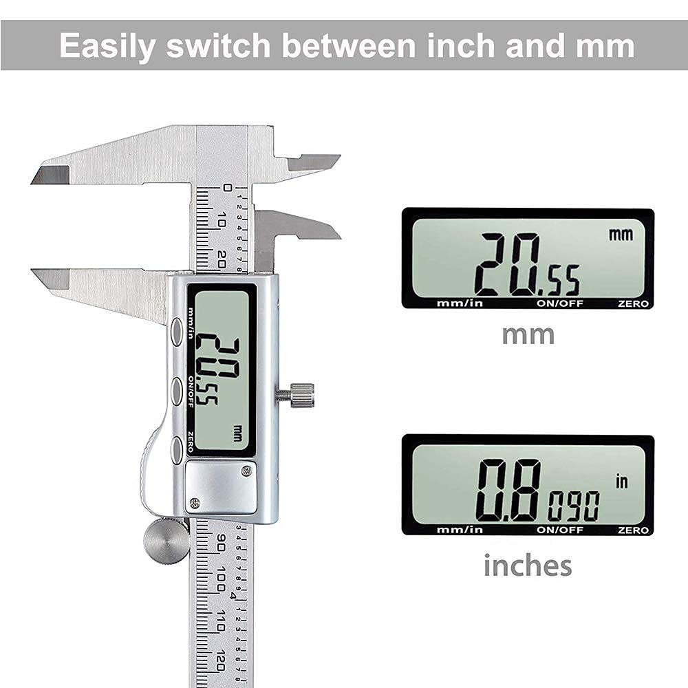 Digital Caliper, Caliper Measuring Tool with Stainless Steel, Electronic Micrometer Caliper with Large LCD Screen, Auto-Off Feature, Inch and Millimeter Conversion (6 Inch/150 mm)