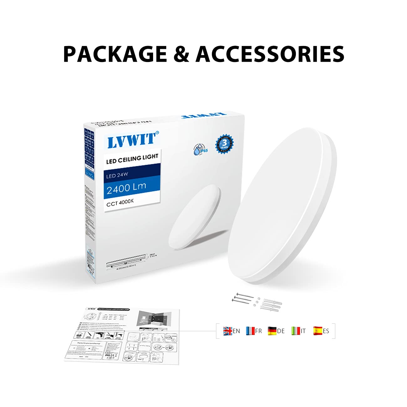 LVWIT 24W Round Bathroom LED Ceiling Light, IP65 Waterproof Ceiling Light,2400LM 4000K Natural White, Flush Ceiling Lights for Kitchen Living Room Bedroom and Hallway(330 * 50mm)