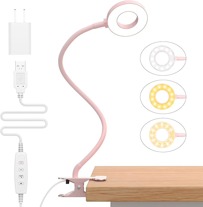 iZELL Desk Lamp, [3 Color Modes & 10 Brightness] LED Reading Light with Clamp, Flexible Gooseneck Book Light for Kids Reading Book in Bed at Night Clip on Table, Headboard, Dorm - 15.8‘’ Pink