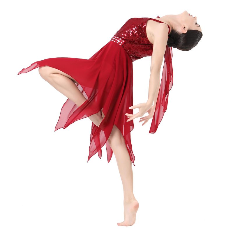 IBAKOM Lyrical Dance Dress for Women One Shoulder Flower Strap Shiny Sequins Contemporary Dance Costume Asymmetrical Chiffon Skirt Ballerina Salsa Ballroom Flowy Dresses Red Strap L