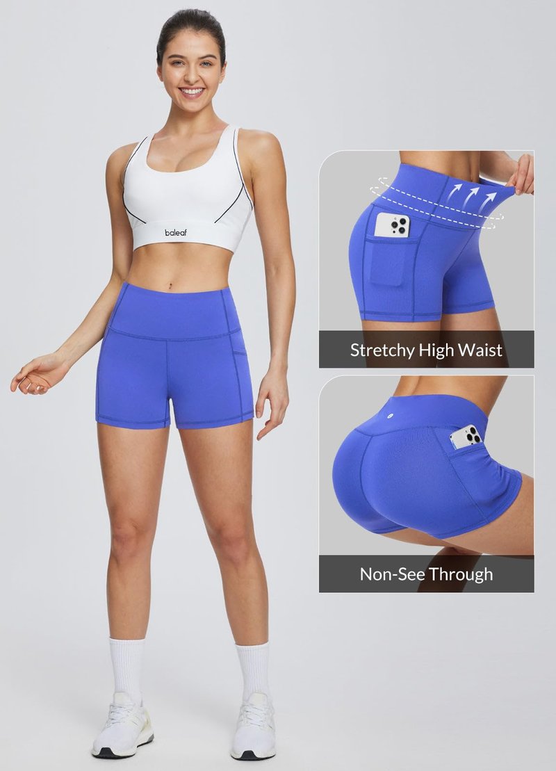 baleaf Gym Shorts Women 3" Biker Workout Yoga Spandex Running Volleyball Tummy Control Compression with Pockets Earth Blue S
