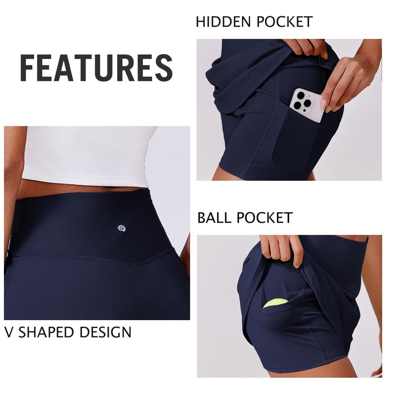 PINSPARK Women's High Waisted Tennis Skirts Tummy Control Golf Skorts Skirts for Women with Shorts Pockets, Navy Blue Medium