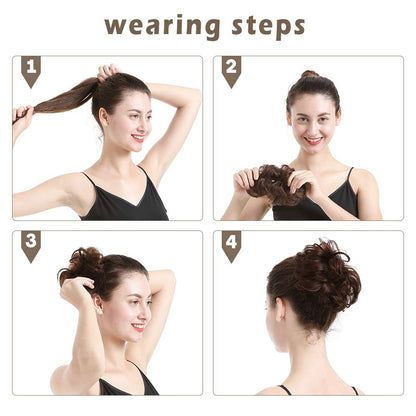 100% Human Hair Scrunchies, BARSDAR Curly Messy Bun Hairpiece Extensions Wedding Hair Pieces for Women Messy Bun Real Hair Updo Donut Chignons 2# Dark Brown