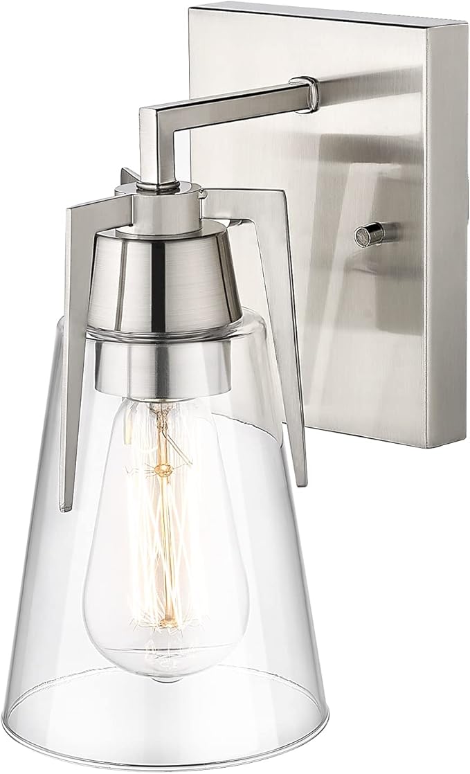 EAPUDUN Bathroom Light Fixtures, Modern Farmhouse 1-Light Bathroom Vanity Light Fixtures, Indoor Wall Lamp in Brushed Nickel Finish, Clear Glass Shade Wall Sconces, WLA1395-BNK