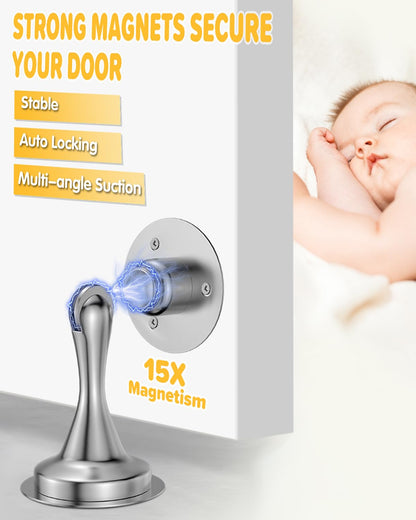 Door Stoppers Magnetic Door Catch - 2 Pack Stainless Steel Heavy Duty Door Holder Stops for Bottom Top of Door - Wall Floor Mounting No Drill 3M Adhesive & Screws Strong Magnet Keep Door Open(Silver)