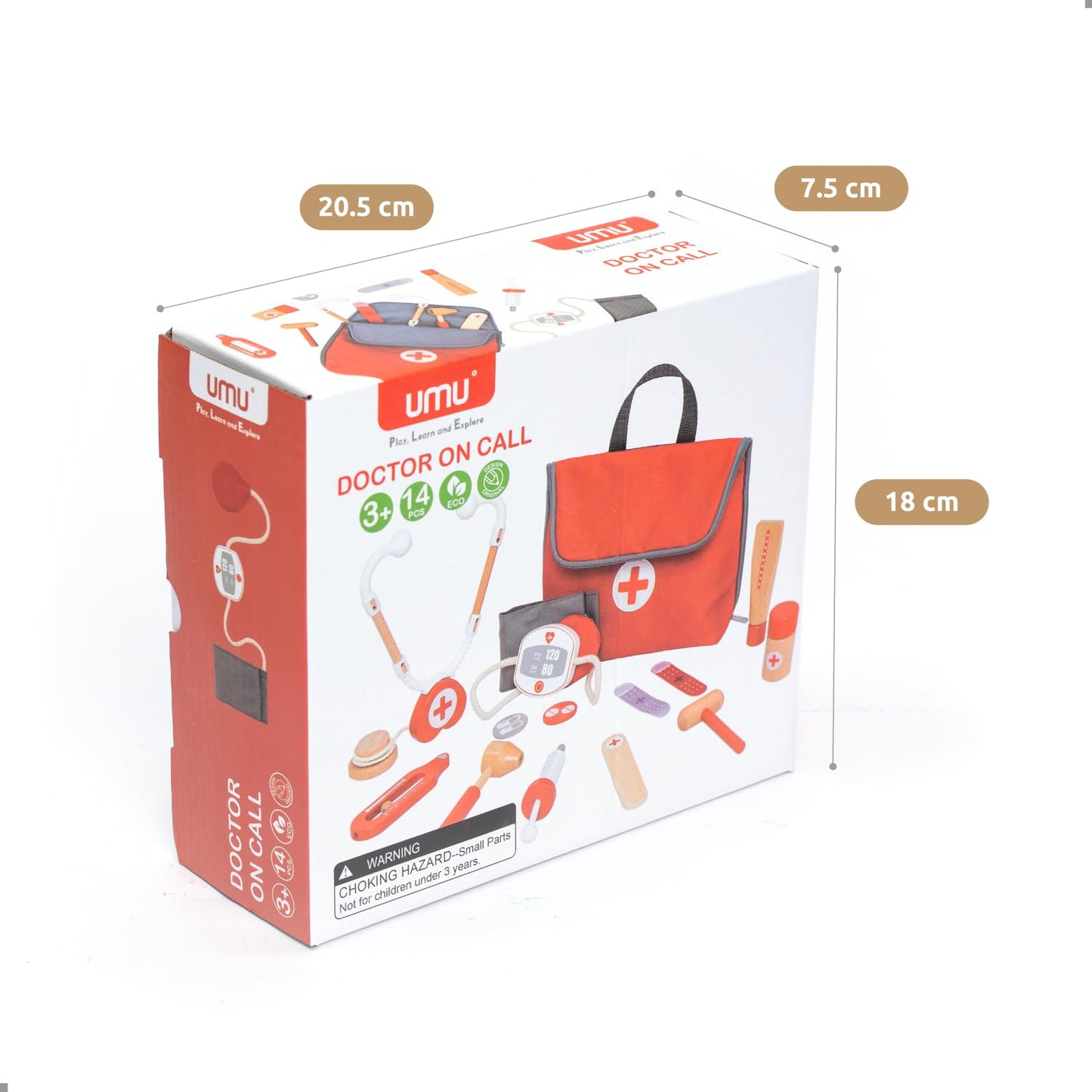 UMU® Mini Wooden Doctor Kit for Kids – 14-Piece Pretend Play Medical Set with Stethoscope, Blood Pressure Monitor & More – Toy Doctor Case for Children Age 3 4 5