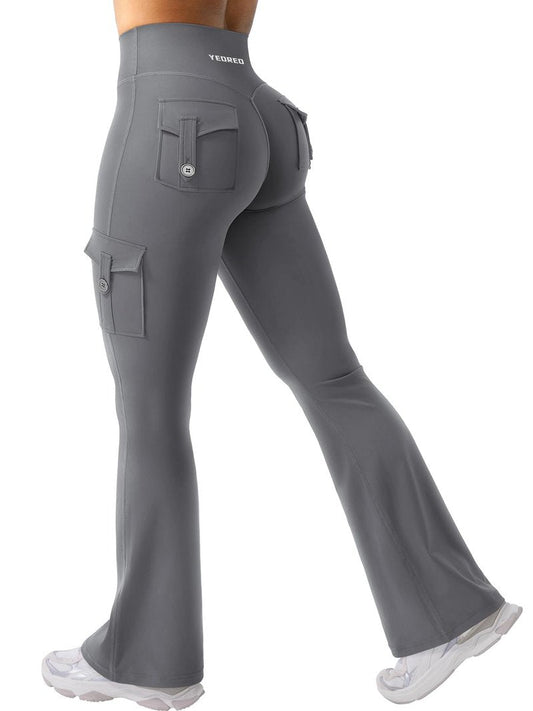 YEOREO CoreFlex Women Workout Flare Leggings with Pockets Hidden Scrunch High Waisted Cargo Gym Yoga No Front Seam Leggings Grey S