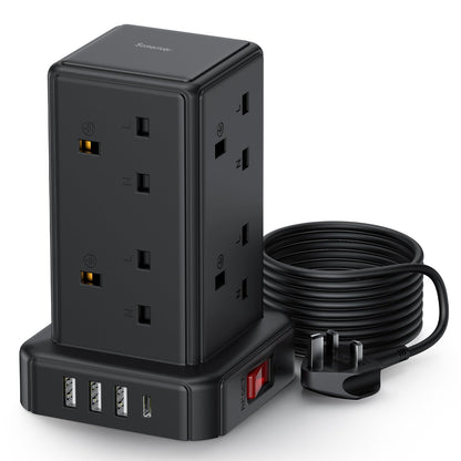 Tower Extension lead Surge Protection Extension Lead with Switch (13A 3250W) 8 AC Outlets & 4 USB Ports Plug Extension Socket Extension Cable 2M Mini Power Strip for Home, Office