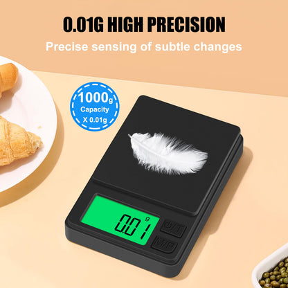 Digital Pocket Scale 1000g x 0.01g, Diyife Portable Precision Gram Scale Jewelry Scale with Protective Cover, Backlit LCD, 7 Units Tare, for Food, Kitchen, Coffee, Battery Included