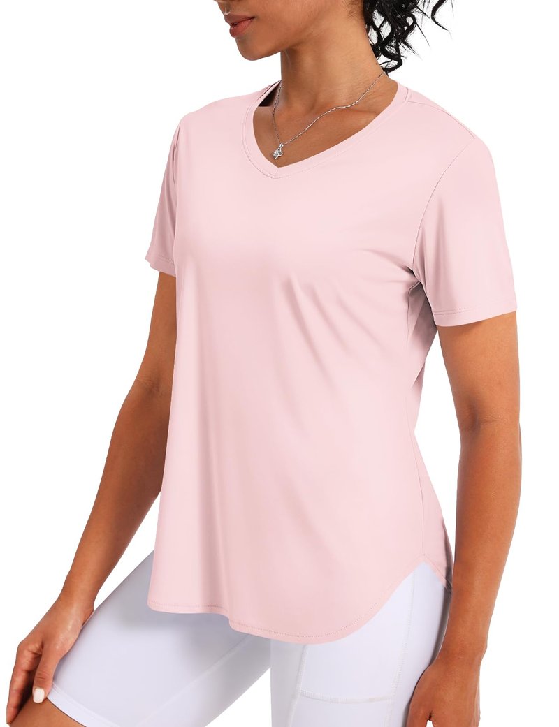 CHALLMOTI Women's Short Sleeve Workout Tops Athletic Shirts V Neck Sun Shirts UPF 50+ Quick Dry Quick Dry Pink L