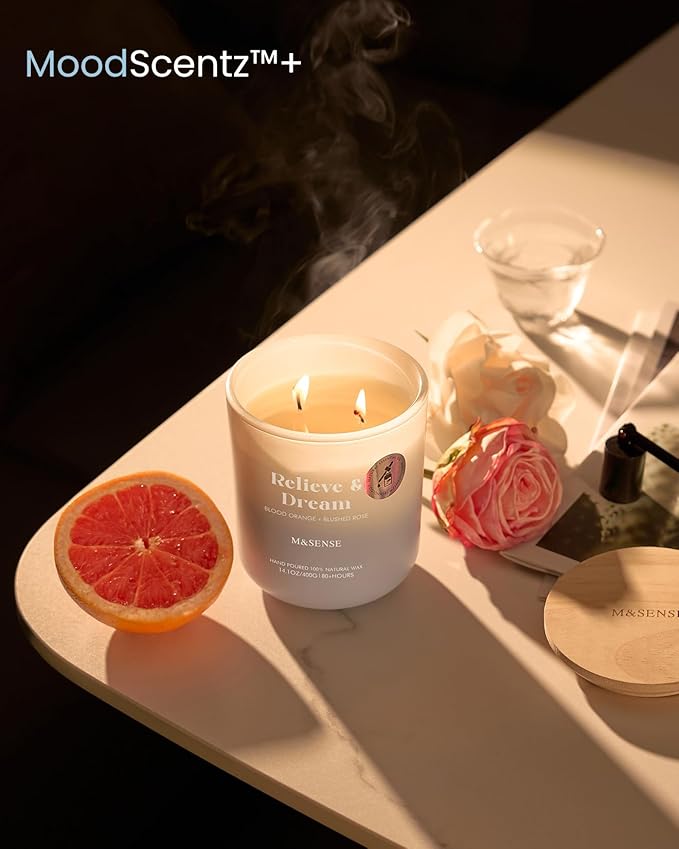M&SENSE Blood Orange & Blushed Rose Aromatherapy Candle for Stress Relief & Relaxation, 14.1oz 80-Hour Long-Lasting Non Toxic Highly Scented Candle, Natural Soy Wax Spiritual Healing Gift
