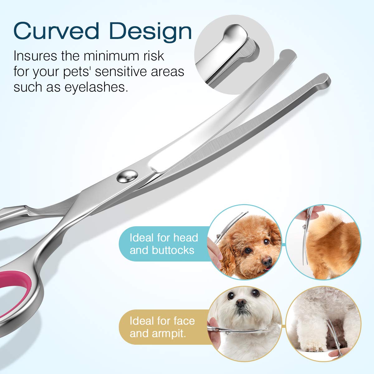 Pawaboo Dog Grooming Scissors Set, 5 Pieces Professional Dog Salon Scissors, Combing Fur Scissors with Round Safety Tip for Pets, Dogs, Cats, Thinning Scissors, Hair Care, Grooming Cutting - Pink