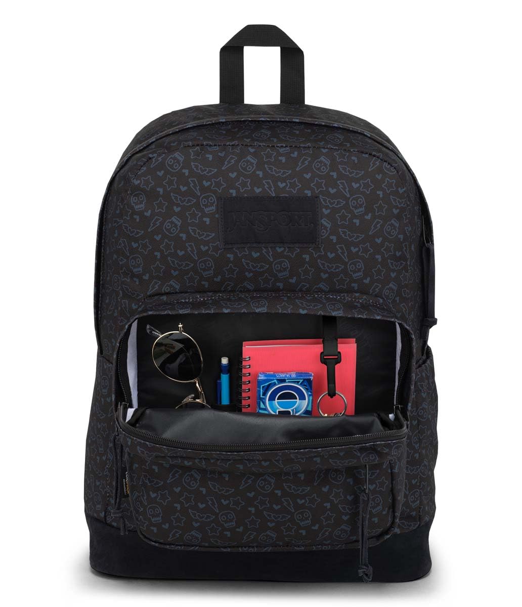 JanSport Right Pack Premium Backpack - Daypack with 15" Laptop Sleeve, Main Compartment & Water Bottle Pocket, Subtle Skull