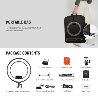 NEEWER 18 Inch Edge Lit Ring Light with Tripod Stand Phone Holder Compatible with iPhone for Video Recording Selfie Makeup Studio Streaming, 45W 2900-7000K APP 2.4G Control Ringlight Lighting, RL45B
