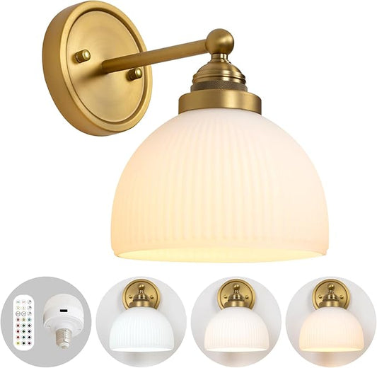 HEQIQEH Vintage Rechargeable Battery Operated Sconce Ribbed White Glass Shade Wall Lighting with Remote Control Dimmable Wall Mounted Lamp Fixture for Bedroom Vanity Bathroom Living Room