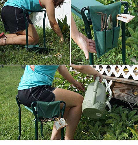 FIAMER Garden Kneeler Seat Folding Stool Work Seat Flower Planting Grass Belt Tool Bag Camping Outdoor Portable Garden Stool with 1 Bonus Tool Pouches (23.5"x19.3", Green)